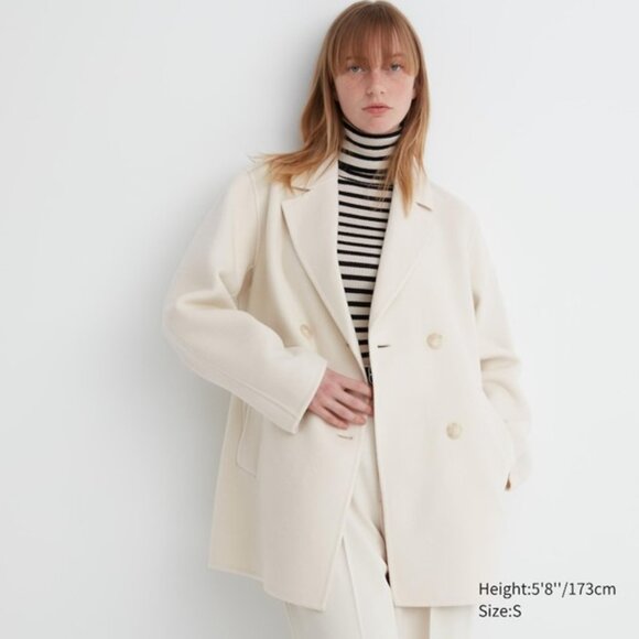 Uniqlo Off White Wool Blend Loose Double face Fall Winter Short Mid Coat M - Picture 1 of 11